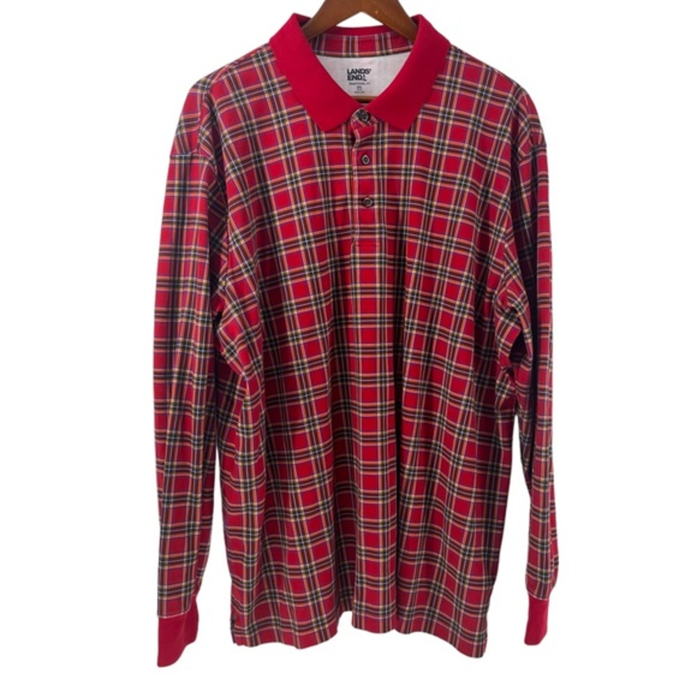 Lands’ End Traditional Fit Mens Polo Shirt Long Sleeve XXL Red Plaid 10473